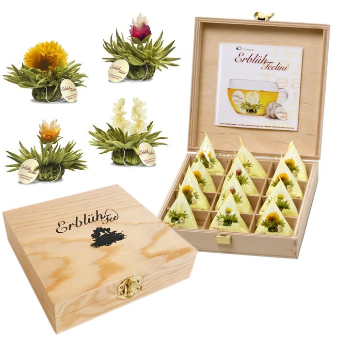 Teelini Fleurs de thé, set cadeau dans une boîte en bois, 12