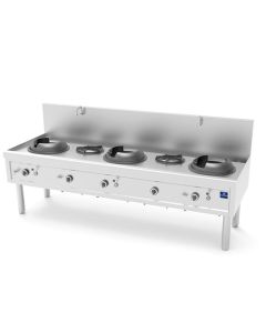 Plan de Cuisson Wok à Gaz Avec 3 Brûleurs 27,5 Kw + 2 Brûleurs Soupe 9,2 Kw, 2 Robinets Pour L'Eau - Virtus