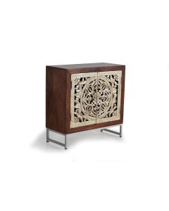Buffet 2 portes en bois de manguier sculptée et  feuille d'argent