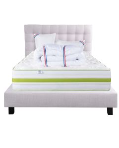 Ensemble Matelas 140x190 cm, Rêverie, 30 cm, mémoire de forme, ferme, face été/hiver + sommier gris ep20cm + 2 oreillers + couette + Tête de Lit
