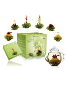 Creano Fleurs de thé Mix - Set cadeau Thé épanoui avec pot en verre Thé vert aromatisé aux fruits (roses de thé en 6 sortes), Blooming Tea, cadeau de thé pour femme, mère, amateur de thé