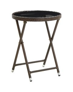 Table à thé marron 60 cm résine tressée et verre trempé pliable pour extérieur
