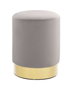 Tabouret en velours gris clair et doré en forme de tonneau