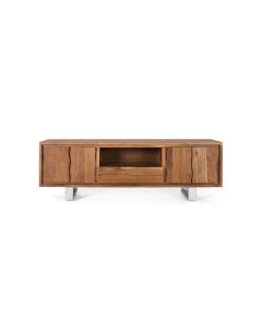 Meuble TV en bois d'acacia naturel et métal argenté