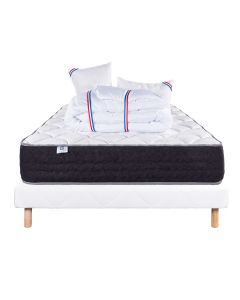 Ensemble Matelas 160x200 cm, Sérénité, 27 cm, ressorts ensachés, ferme, face été/hiver + sommier blanc ep 13cm + 2 oreillers + couette