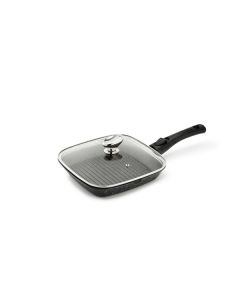 Poêle Grill PREMIUM 24 x 24 CM Fonte d'Aluminium Manche Amovible avec Couvercle en Verre - Pradel