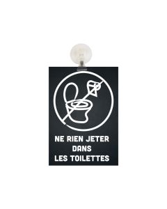 Panneau PVC "NE RIEN JETER DANS LES TOILETTES" fond noir format A5 avec fixation ventouse