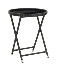 Table à thé noir 60 cm résine tressée et verre trempé pliable pour jardin et terrasse