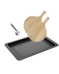 Ensemble pour pizza avec une plaque de cuisson four, 2 planches à pizza rondes et une roulette à pizza Fackelmann