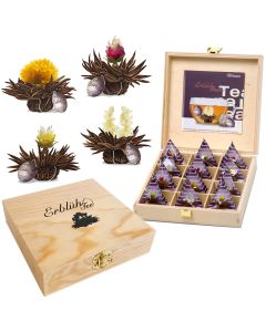 Creano Teelini Fleurs de thé en format tasse, set cadeau dans une boîte à thé en bois, 12 fleursTeelini en 4 sortes | Thé noir