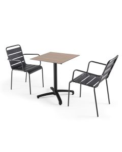Ensemble table de terrasse stratifié chene et 2 fauteuils palavas gris