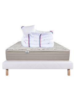 Ensemble Matelas 140x200 cm, Organic Cotton, 24 cm, mémoire de forme, ferme, face été/hiver + sommier blanc ep 13cm + 2 oreillers + couette